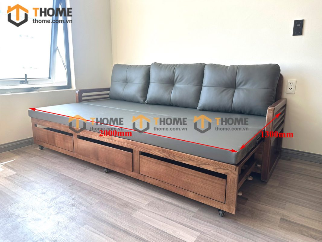 Sofa giường gỗ sồi tự nhiên răng cưa tay nhỏ màu óc chó SFB-04SN