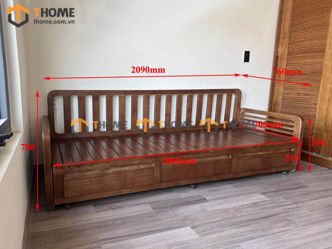 Sofa giường gỗ sồi tự nhiên răng cưa tay nhỏ màu óc chó SFB-04SN
