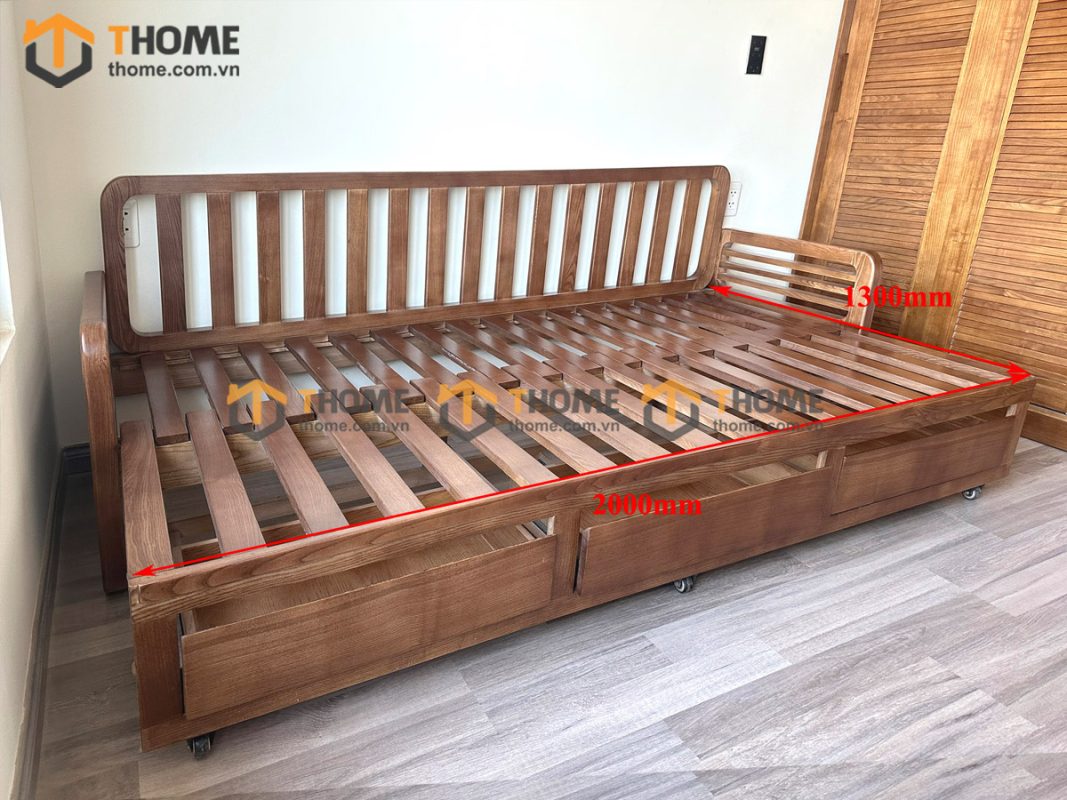 Sofa giường gỗ sồi tự nhiên răng cưa tay nhỏ màu óc chó SFB-04SN