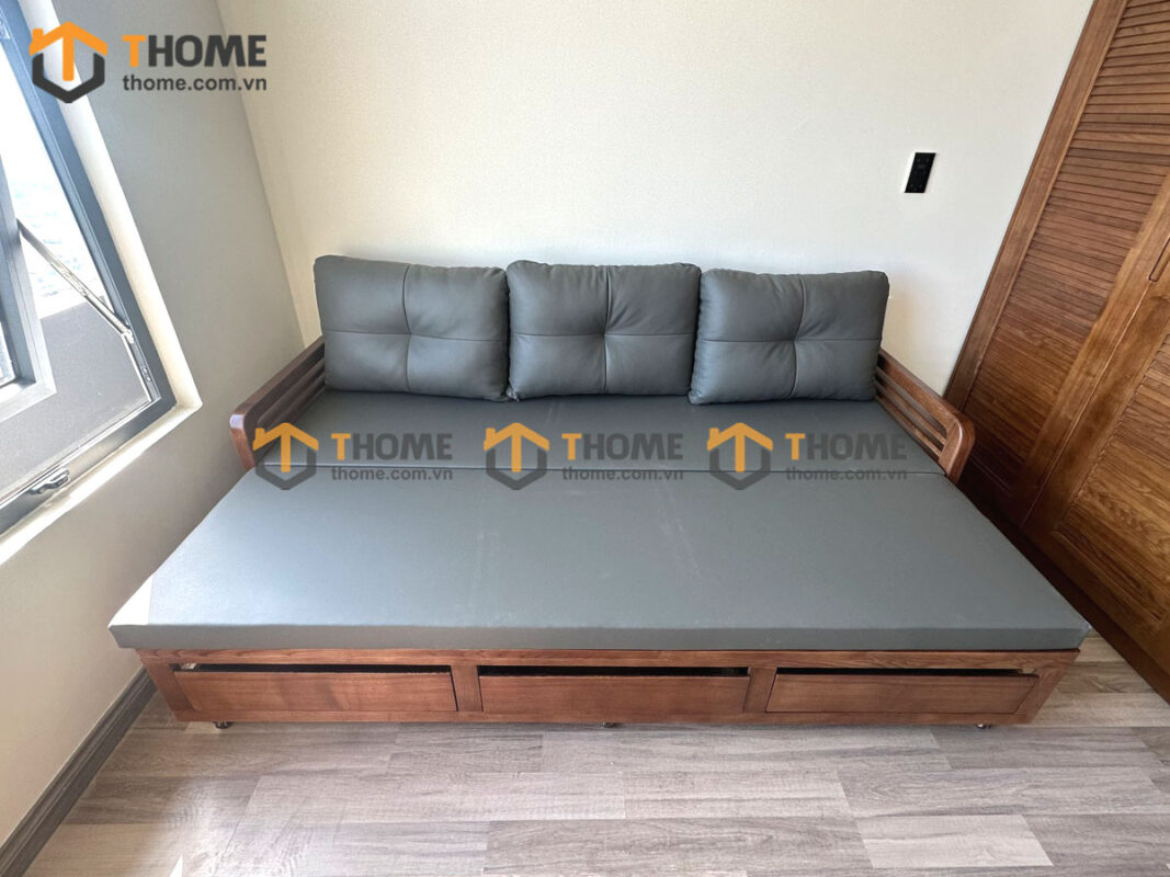 Sofa Giường Gỗ Sồi Tự Nhiên Răng Cưa Tay Nhỏ Màu Óc Chó SFB-04SN