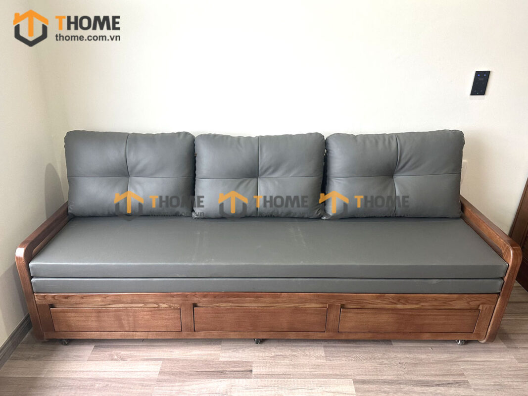 Sofa Giường Gỗ Sồi Tự Nhiên Răng Cưa Tay Nhỏ Màu Óc Chó SFB-04SN