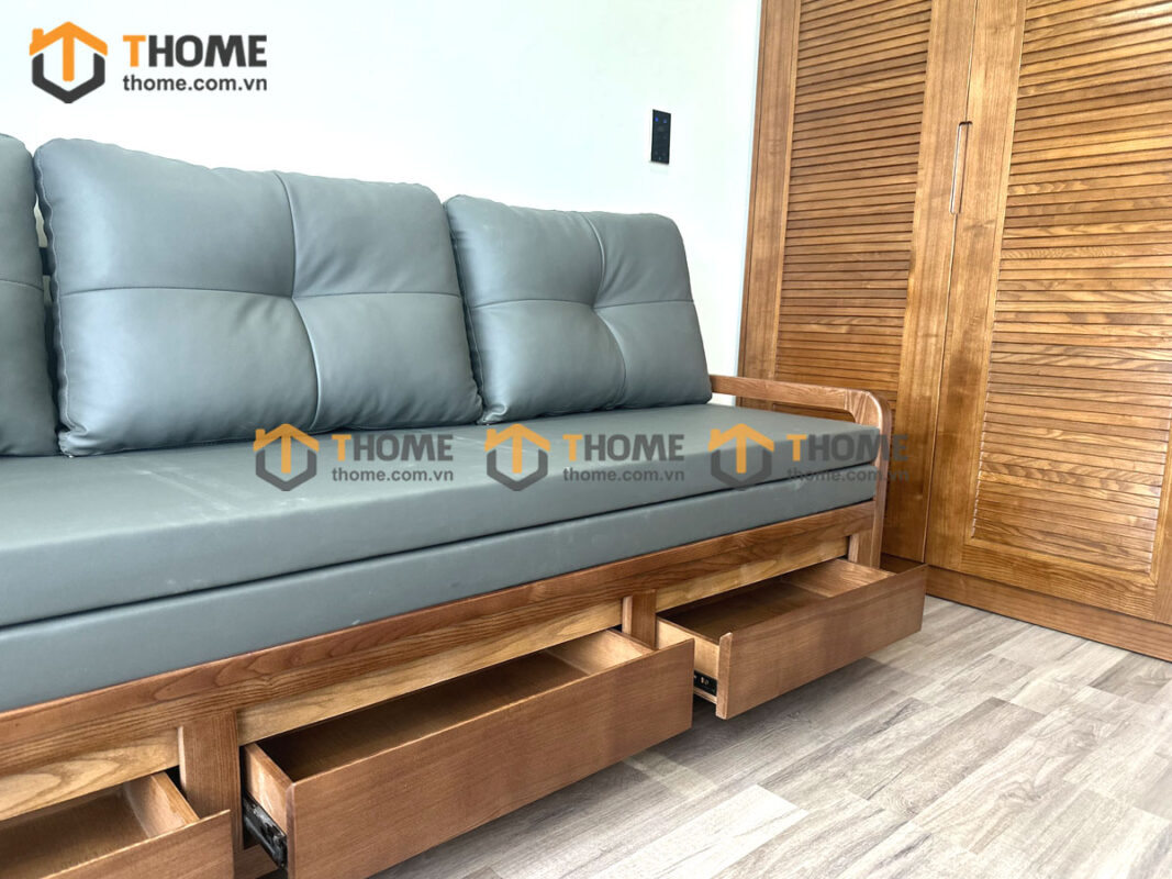 Sofa Giường Gỗ Sồi Tự Nhiên Răng Cưa Tay Nhỏ Màu Óc Chó SFB-04SN