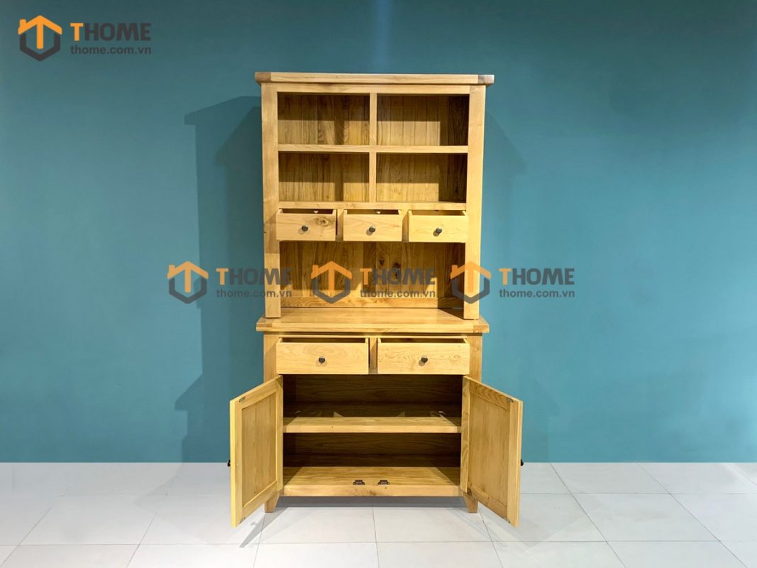 Tủ chén gỗ sồi tự nhiên 2 tầng 2 cánh 2 cánh 5 hộc kéo Harris TC2T-03SM