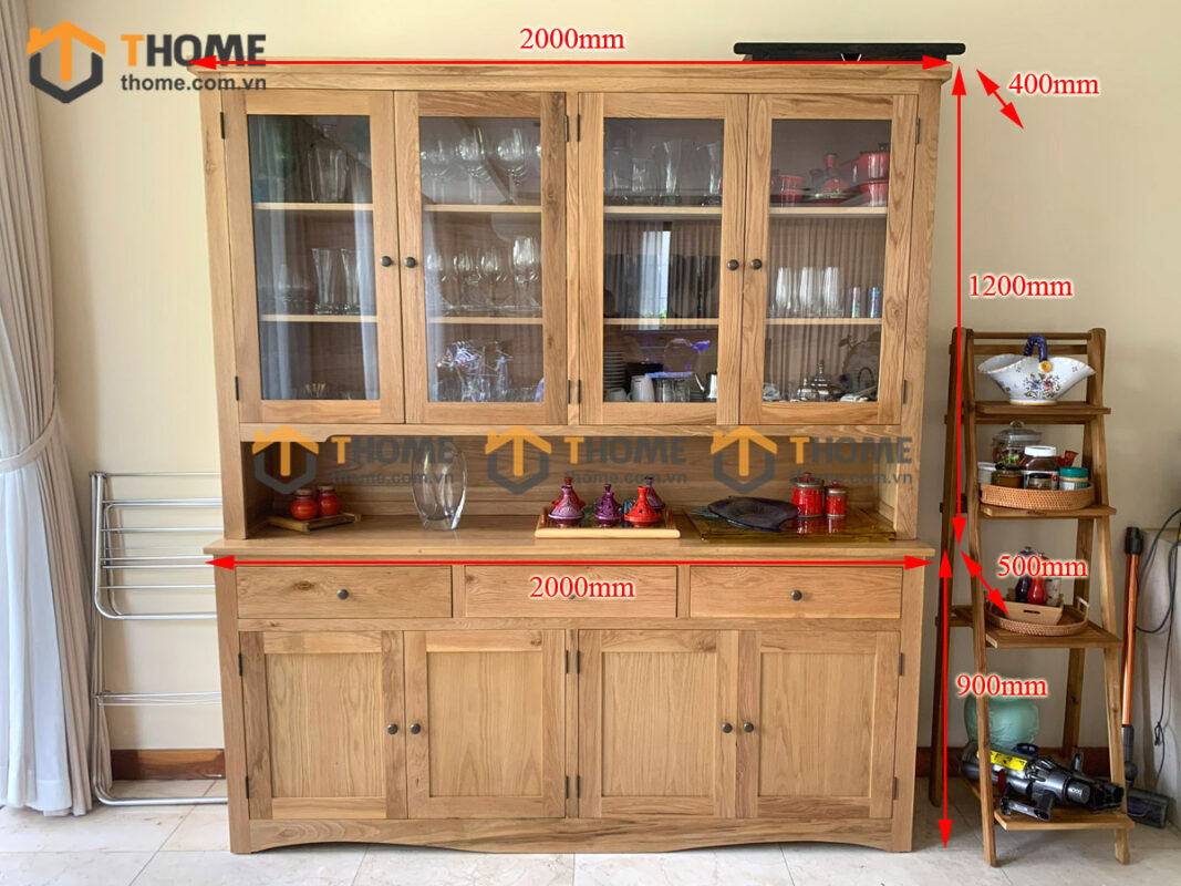 Tủ Chén Gỗ Sồi Tự Nhiên 2 Tầng 8 Cánh 3 Hộc Kéo Tuscany TC2T-02SM