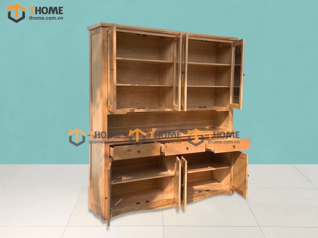 Tủ chén gỗ sồi tự nhiên 2 tầng 2 cánh 8 cánh 3 hộc kéo Tuscany TC2T-02SM