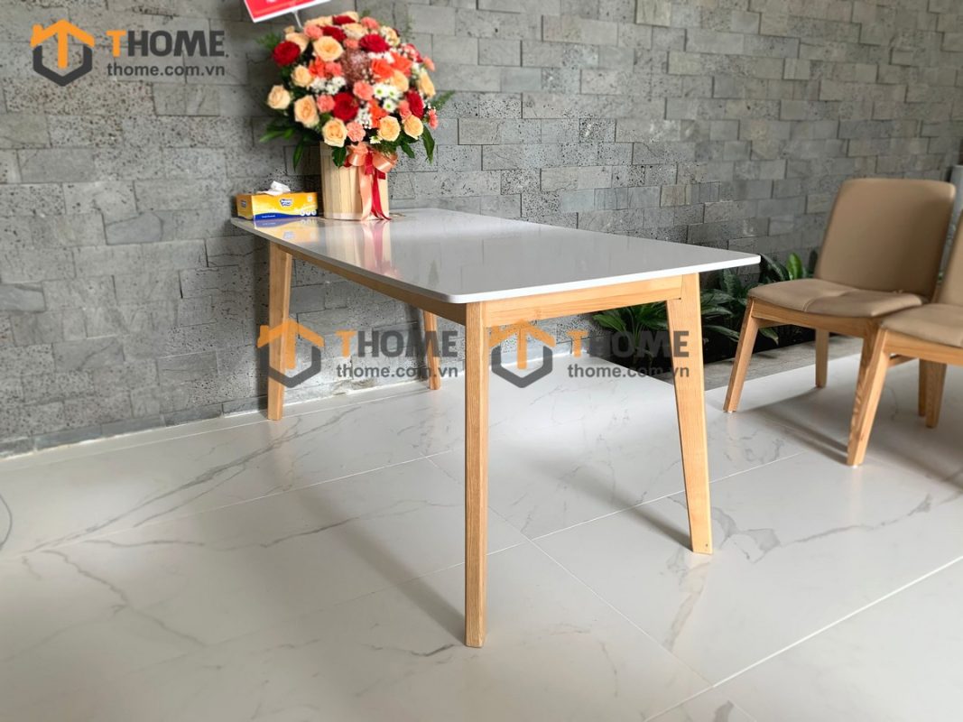 Bàn ăn gỗ sồi tự nhiên Capri mặt đá màu tự nhiên BAMĐ-01SN