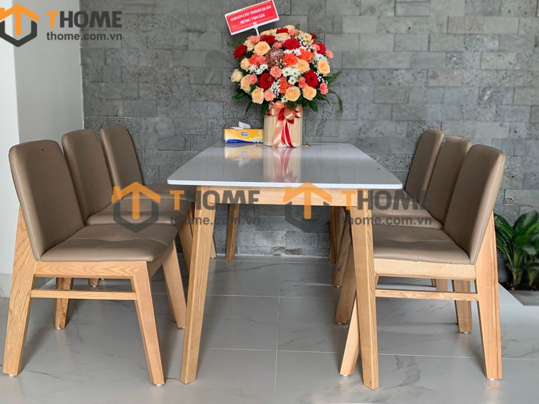 Bàn ăn gỗ sồi tự nhiên Capri mặt đá màu tự nhiên BAMĐ-01SN