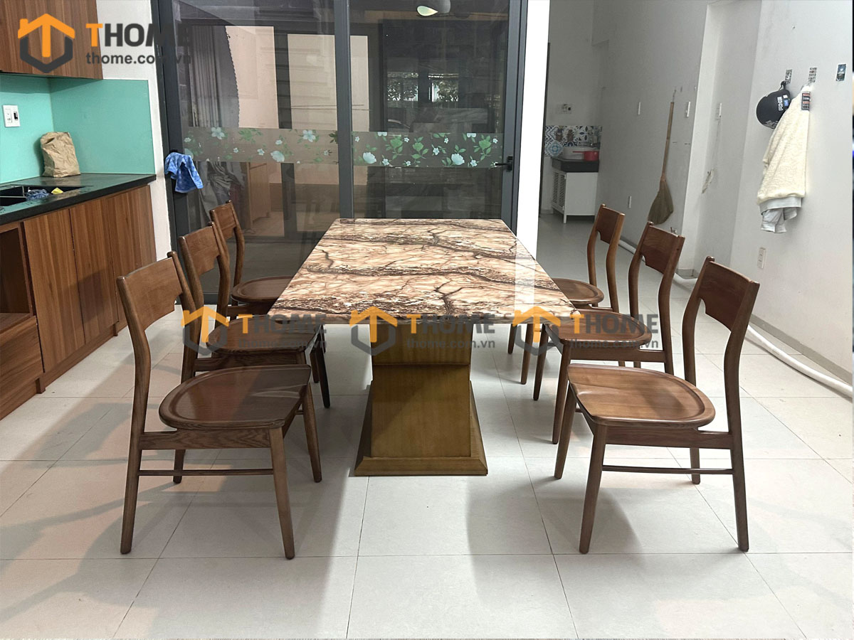 Bàn ăn gỗ sồi tự nhiên Cariny mặt đá chân đan BA-10NK