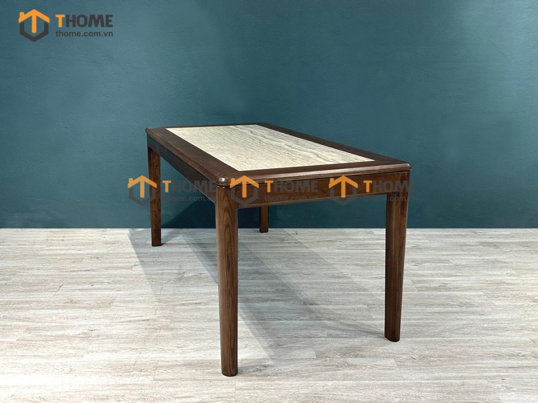 Bàn ăn gỗ sồi tự nhiên Lux lọt đá màu óc chó BAMĐ-07SN