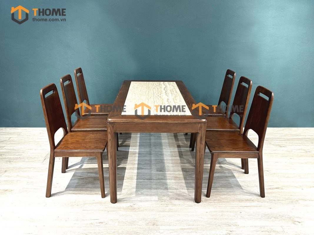 Bàn ăn gỗ sồi tự nhiên Lux lọt đá màu óc chó BAMĐ-07SN