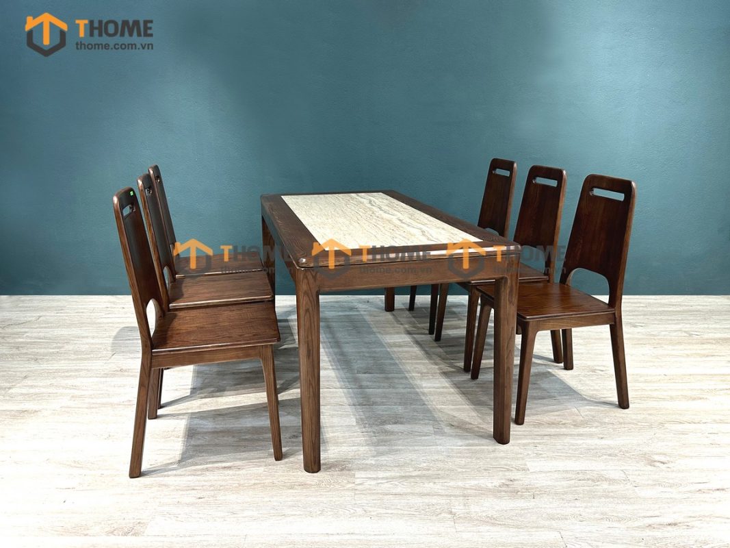 Bàn ăn gỗ sồi tự nhiên Lux lọt đá màu óc chó BAMĐ-07SN