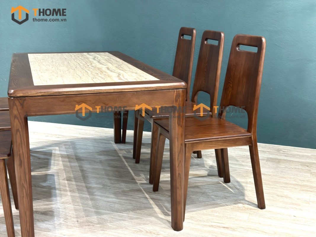 Bàn ăn gỗ sồi tự nhiên Lux lọt đá màu óc chó BAMĐ-07SN