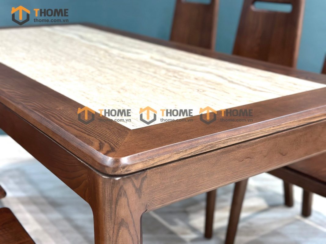 Bàn ăn gỗ sồi tự nhiên Lux lọt đá màu óc chó BAMĐ-07SN