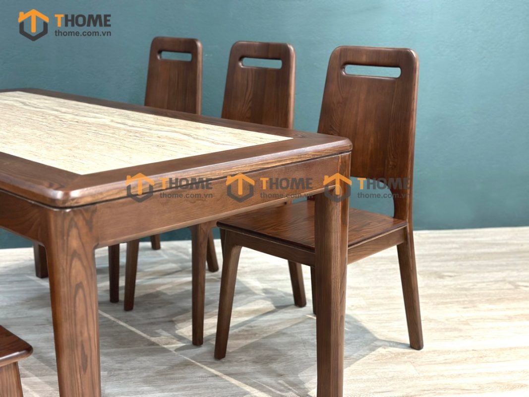 Bàn ăn gỗ sồi tự nhiên Lux lọt đá màu óc chó BAMĐ-07SN