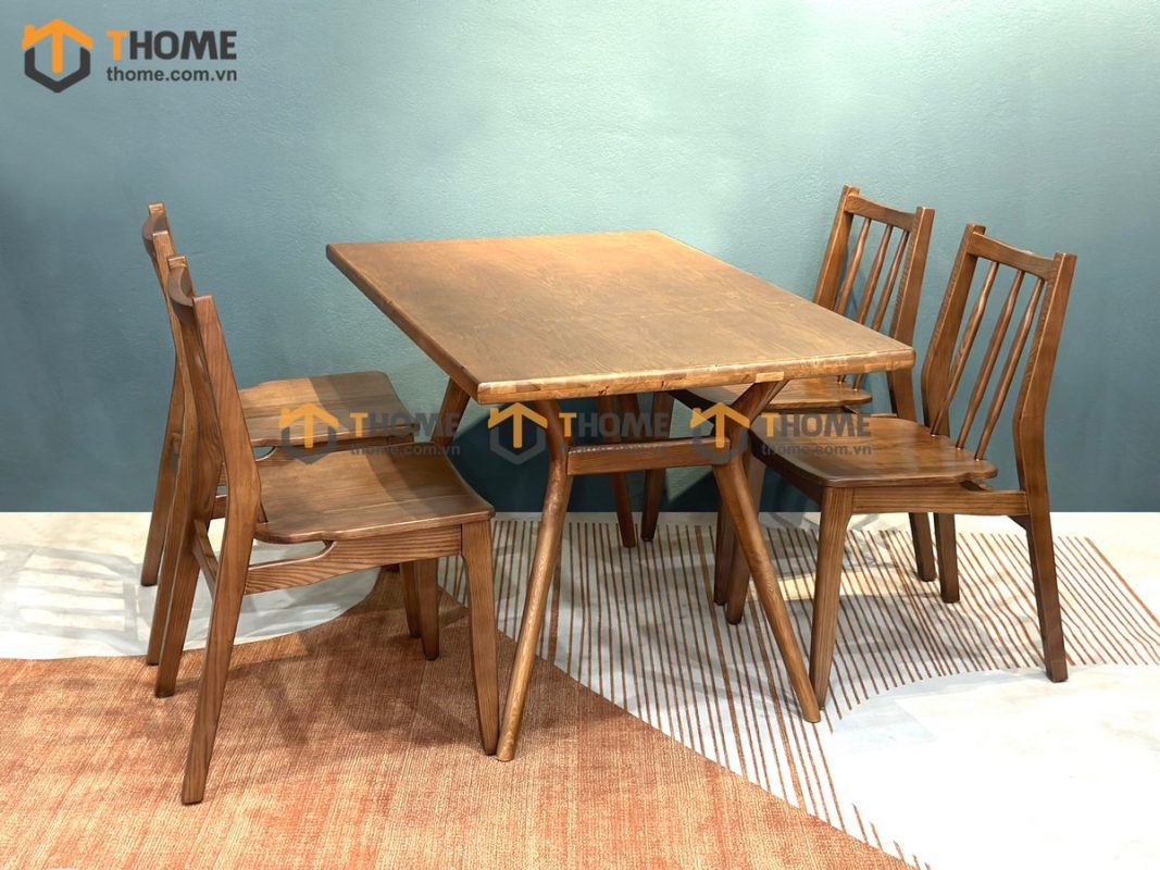 Bàn ăn gỗ sồi tự nhiên chân chéo X màu óc chó BAMG-17SN