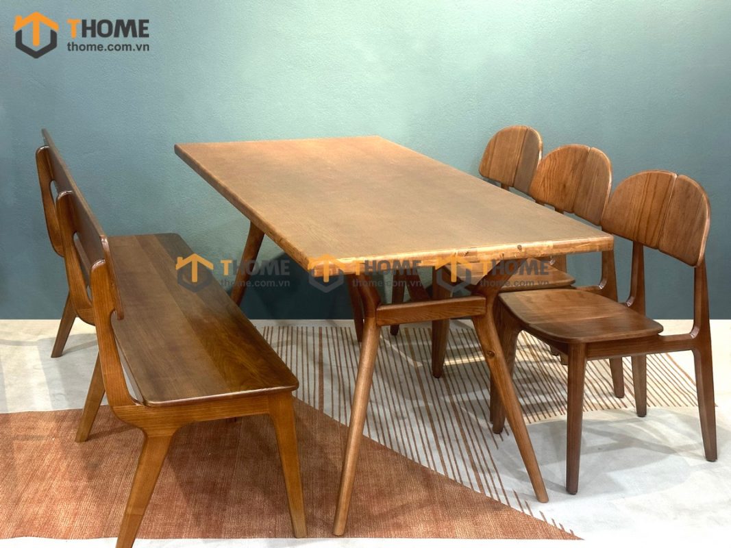 Bàn ăn gỗ sồi tự nhiên chân chéo X màu óc chó BAMG-17SN