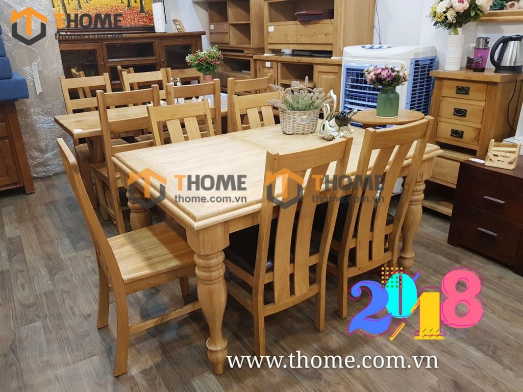 Bàn ăn gỗ sồi tự nhiên chân tiện kéo giãn BA-07SM