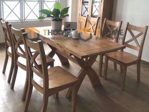 Bàn ăn gỗ sồi tự nhiên chân X kéo giãn BA-09SM