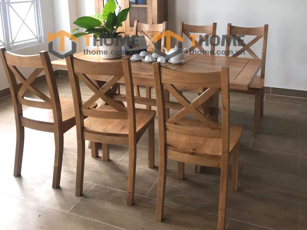Bàn ăn gỗ sồi tự nhiên chân X kéo giãn BA-09SM