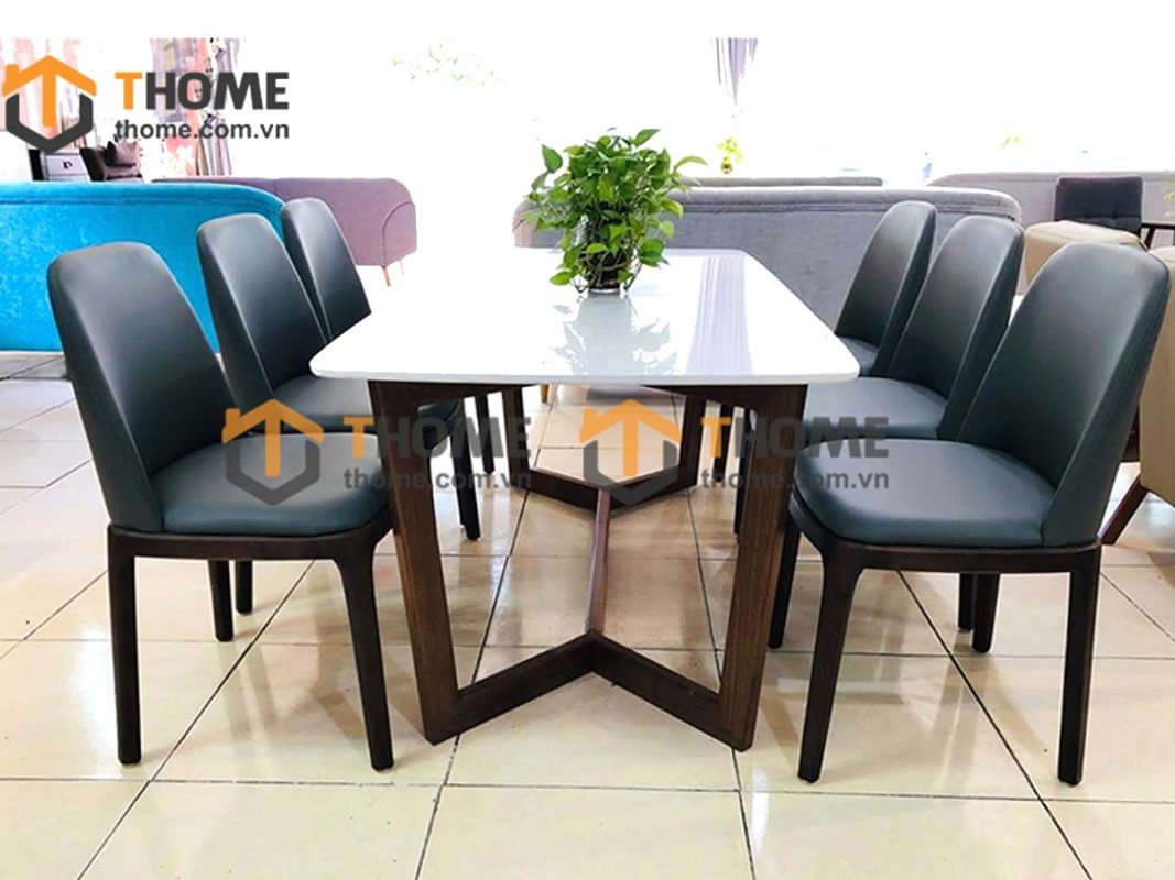 Bàn ăn gỗ sồi tự nhiên Concord mặt đá màu óc chó BAMĐ-06SN
