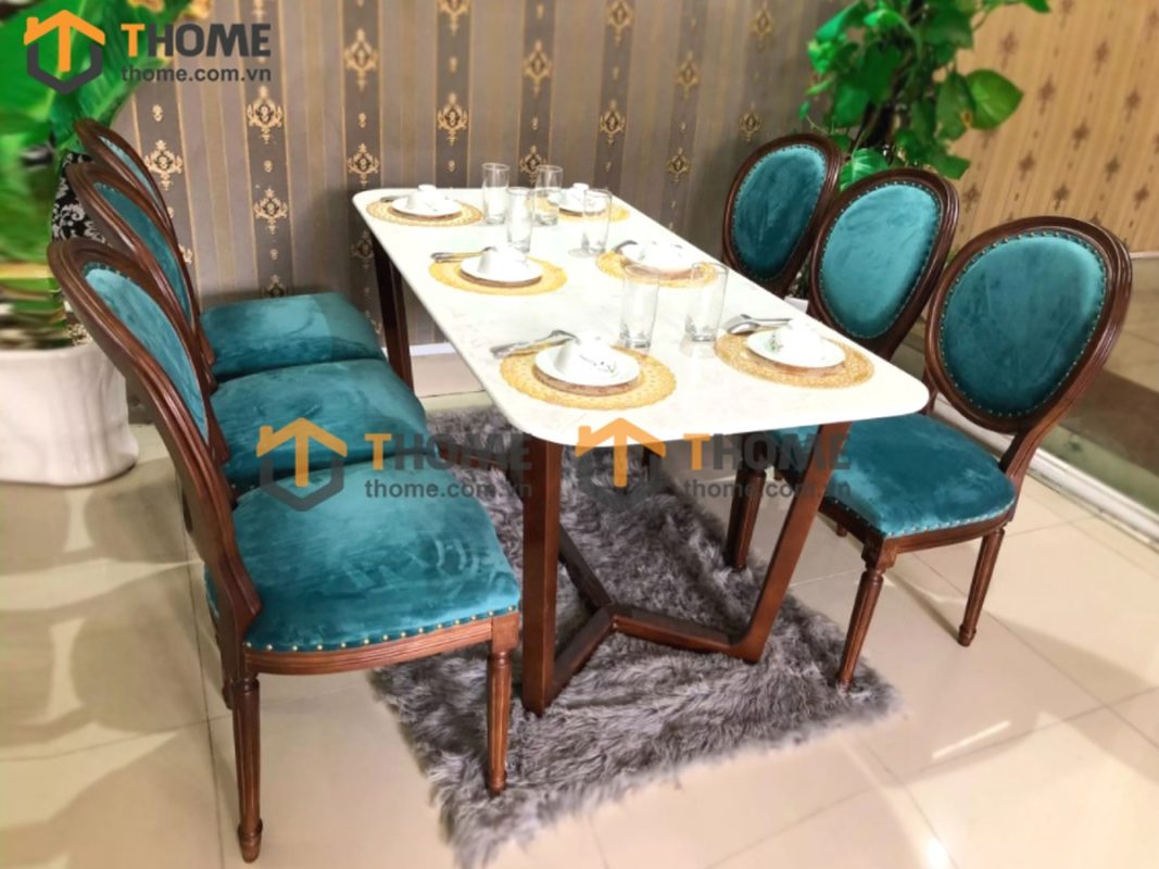 Bàn ăn gỗ sồi tự nhiên Concord mặt đá màu óc chó BAMĐ-06SN