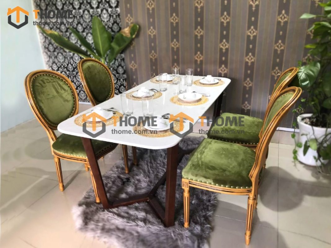 Bàn ăn gỗ sồi tự nhiên Concord mặt đá màu óc chó BAMĐ-06SN