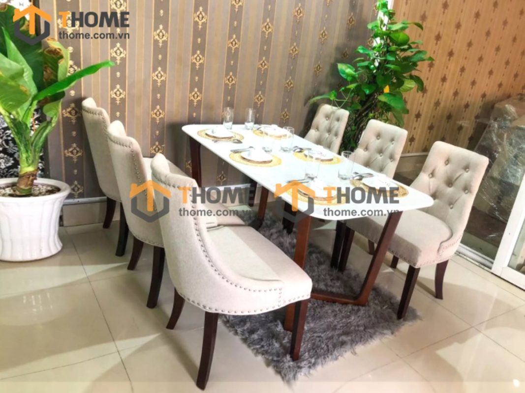 Bàn ăn gỗ sồi tự nhiên Concord mặt đá màu óc chó BAMĐ-06SN