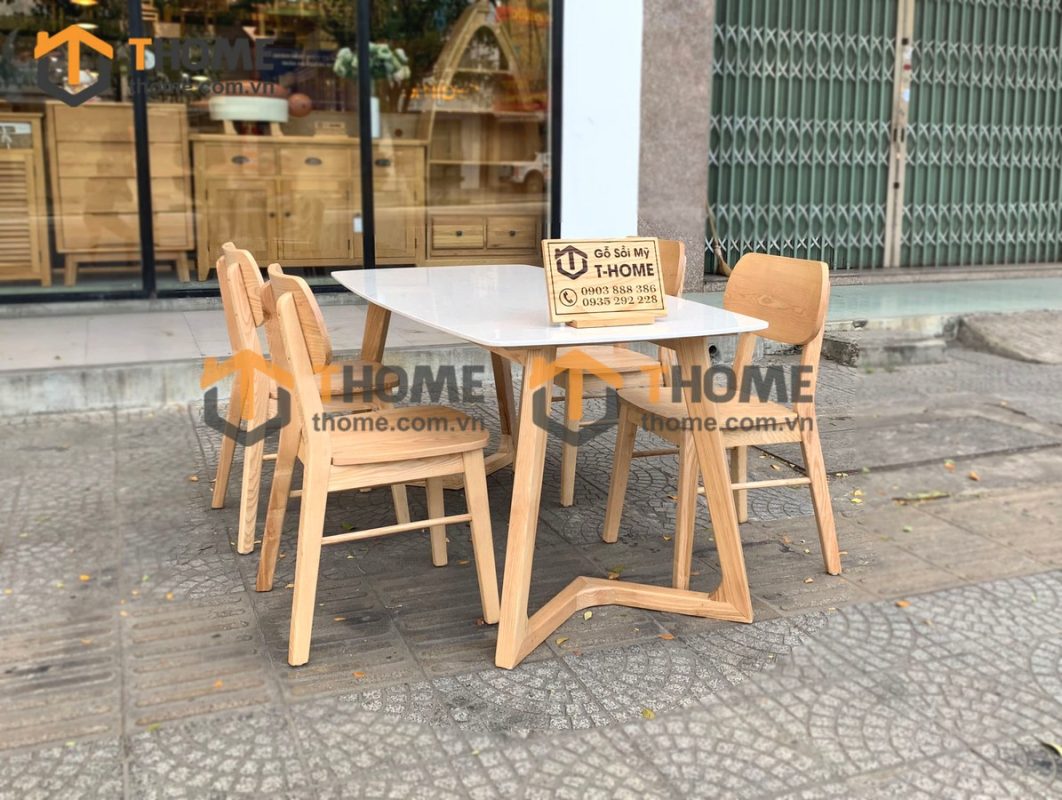 Bàn ăn gỗ sồi tự nhiên Grace mặt đá màu tự nhiên BAMĐ-03SN