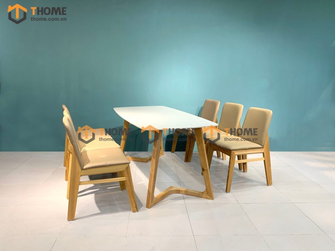 Bàn ăn gỗ sồi tự nhiên Grace mặt đá màu tự nhiên BAMĐ-03SN