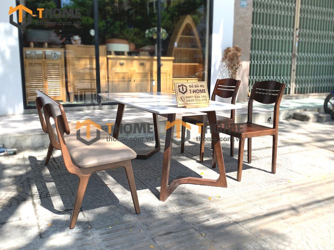 Bàn ăn gỗ sồi tự nhiên Grace mặt đá màu óc chó BAMĐ-04SN