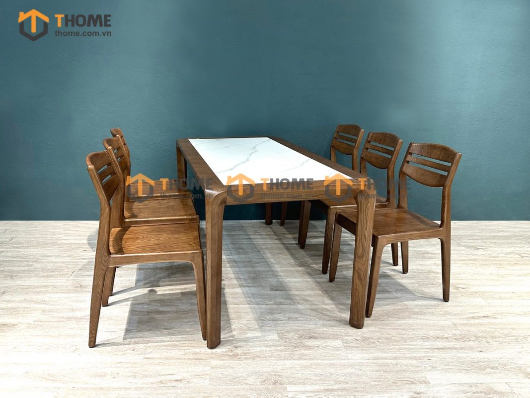 Bàn ăn gỗ sồi tự nhiên Nova chân hươu lọt đá màu óc chó BAMĐ-08SN