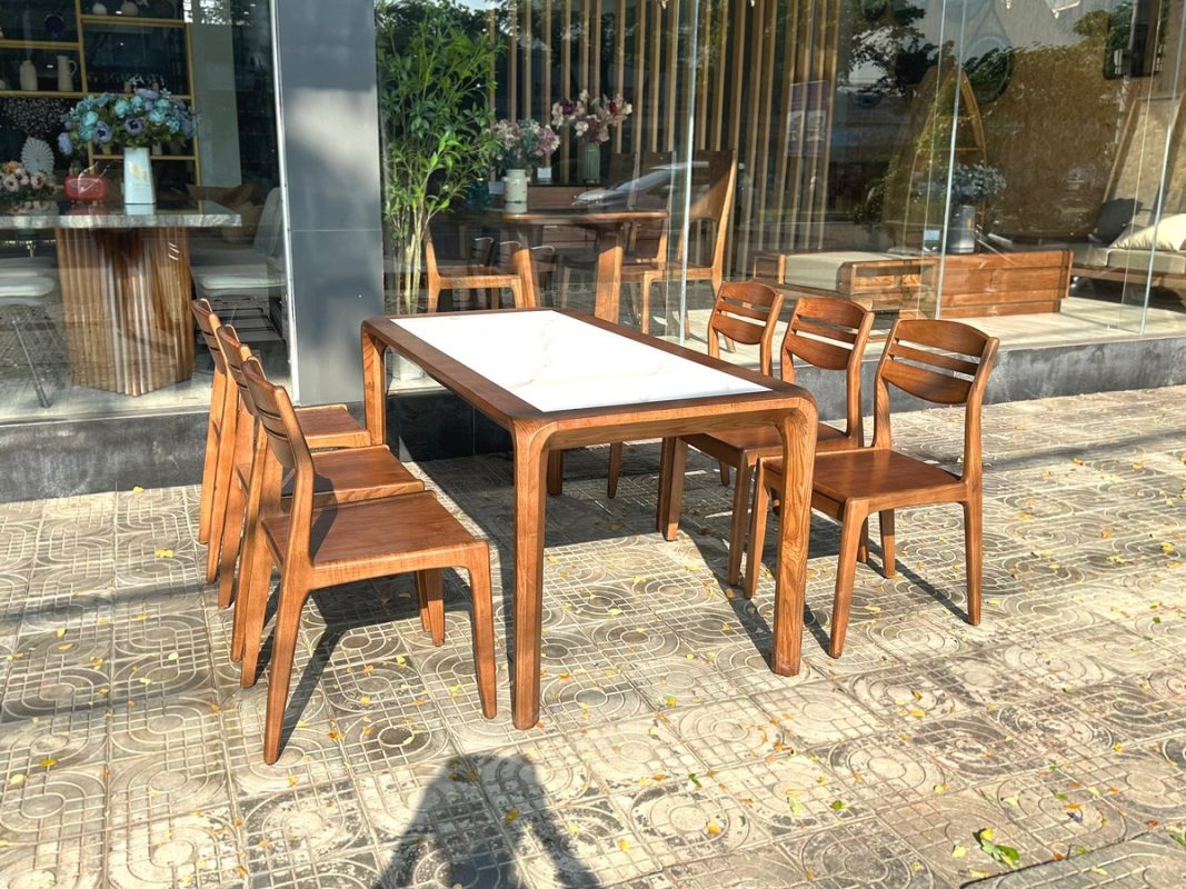 Bàn ăn gỗ sồi tự nhiên Nova chân hươu lọt đá màu óc chó BAMĐ-08SN