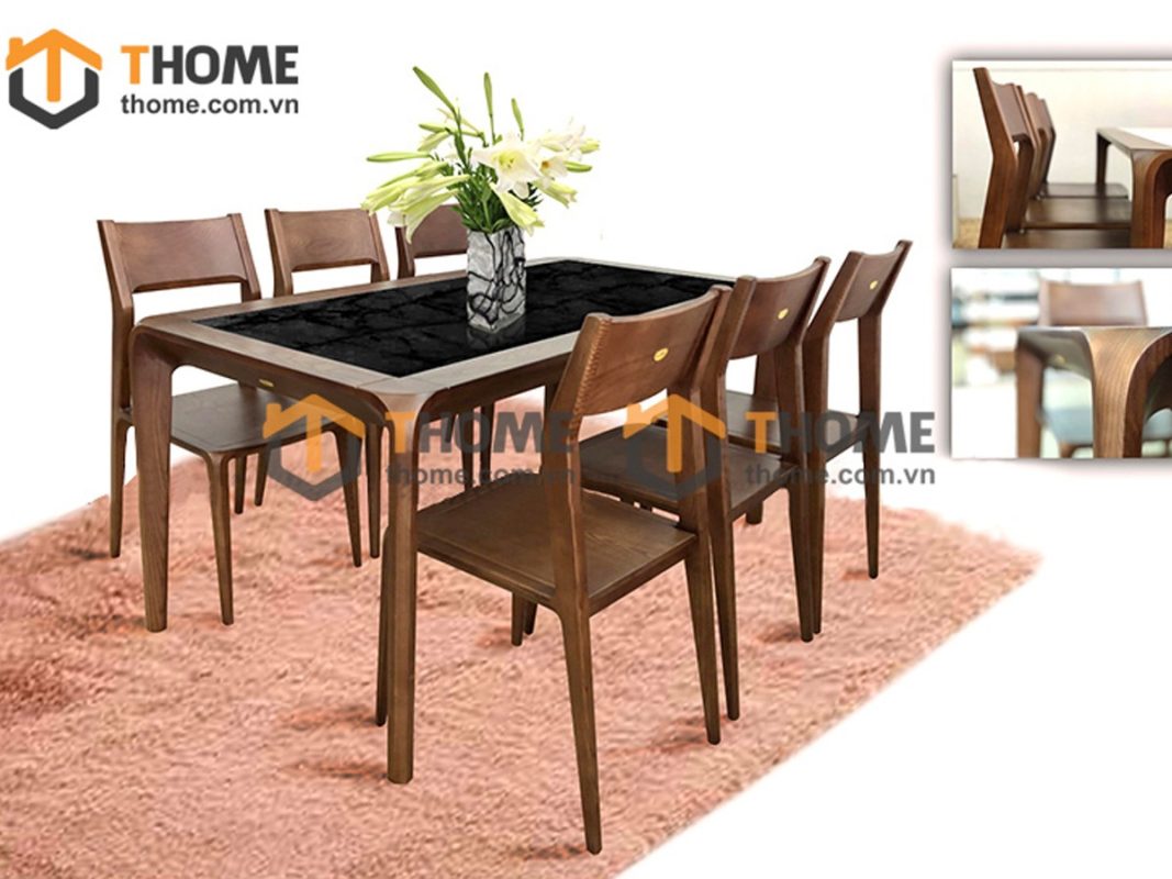 Bàn ăn gỗ sồi tự nhiên Nova chân hươu lọt đá màu óc chó BAMĐ-08SN