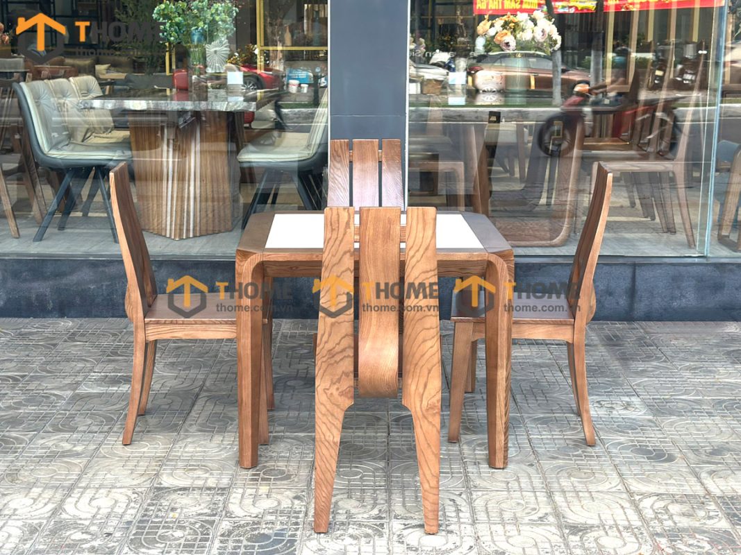 Bàn ăn gỗ sồi tự nhiên Nova chân hươu lọt đá màu óc chó BAMĐ-09SN