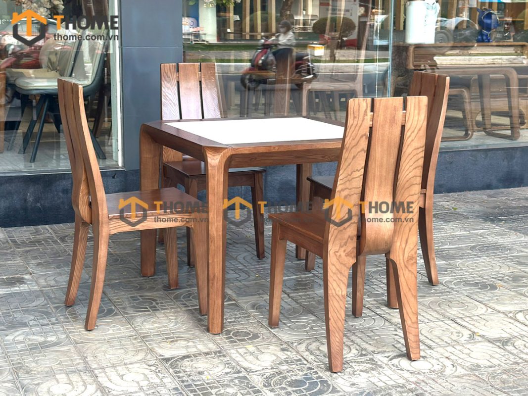 Bàn ăn gỗ sồi tự nhiên Nova chân hươu lọt đá màu óc chó BAMĐ-09SN