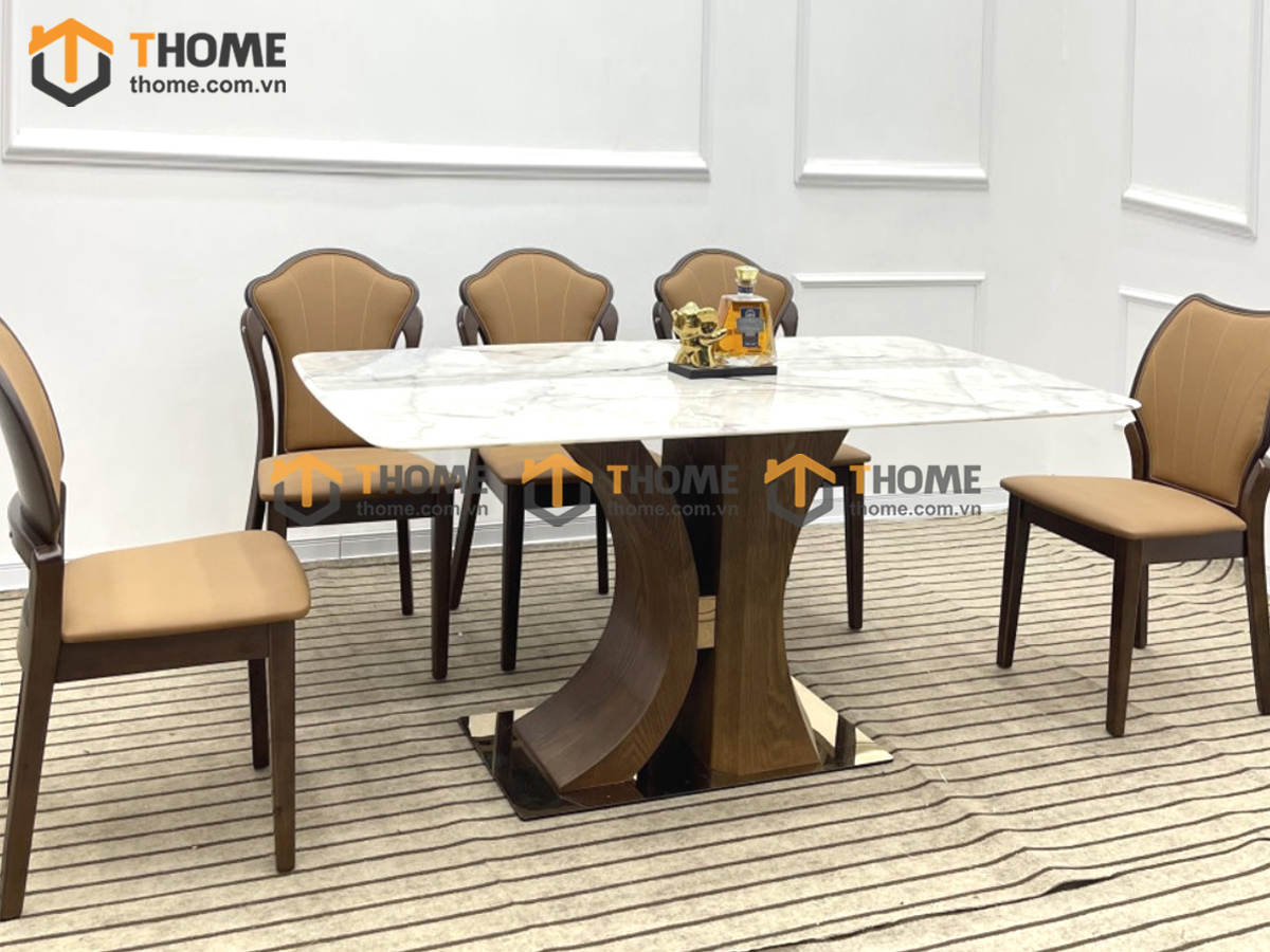 Bàn ăn gỗ sồi tự nhiên Tommy mặt đá chân X cong BA-09NK