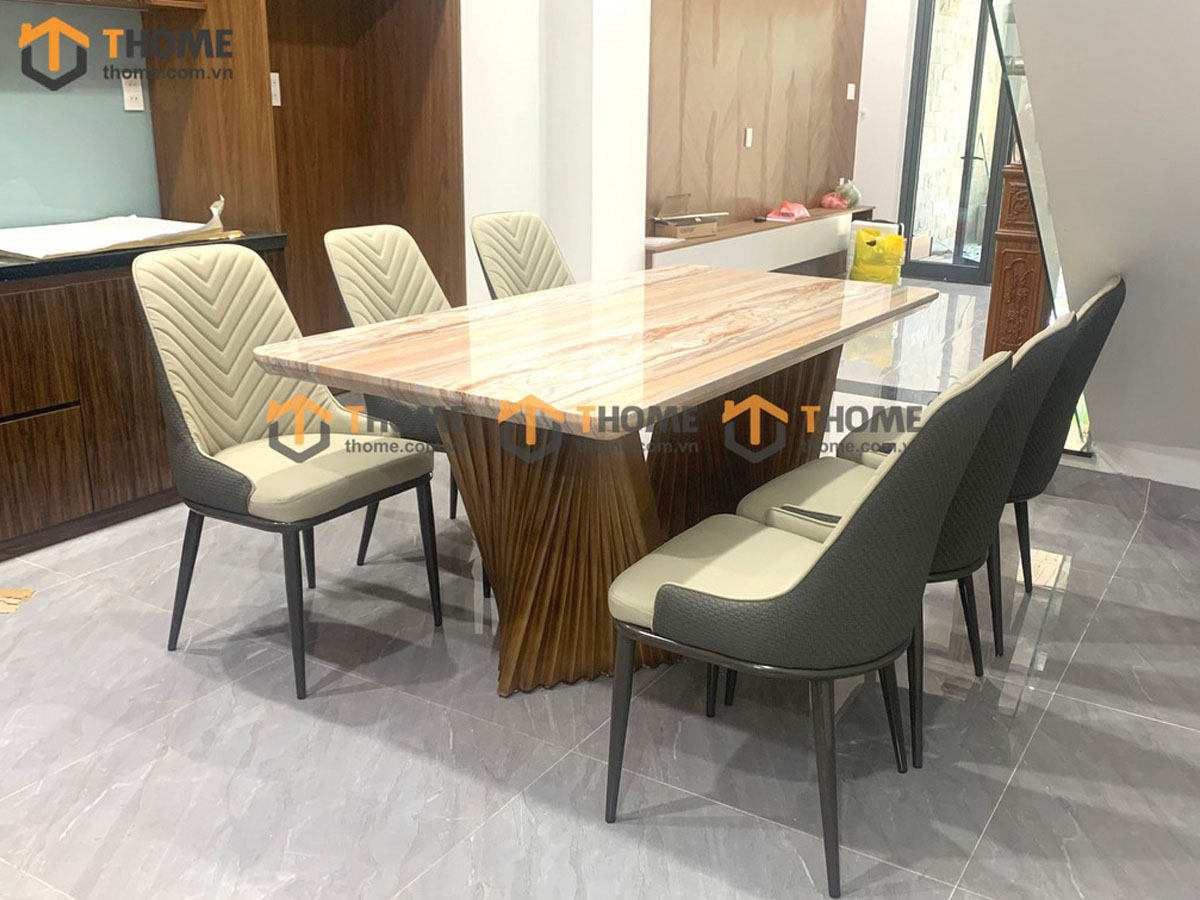Bàn ăn nhập khẩu mặt đá chân hình quạt BA-08NK