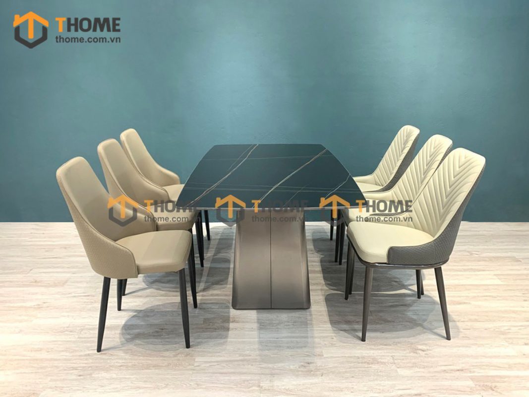 Bàn ăn nhập khẩu mặt đá chân hình thang mạ Titan BA-06NK