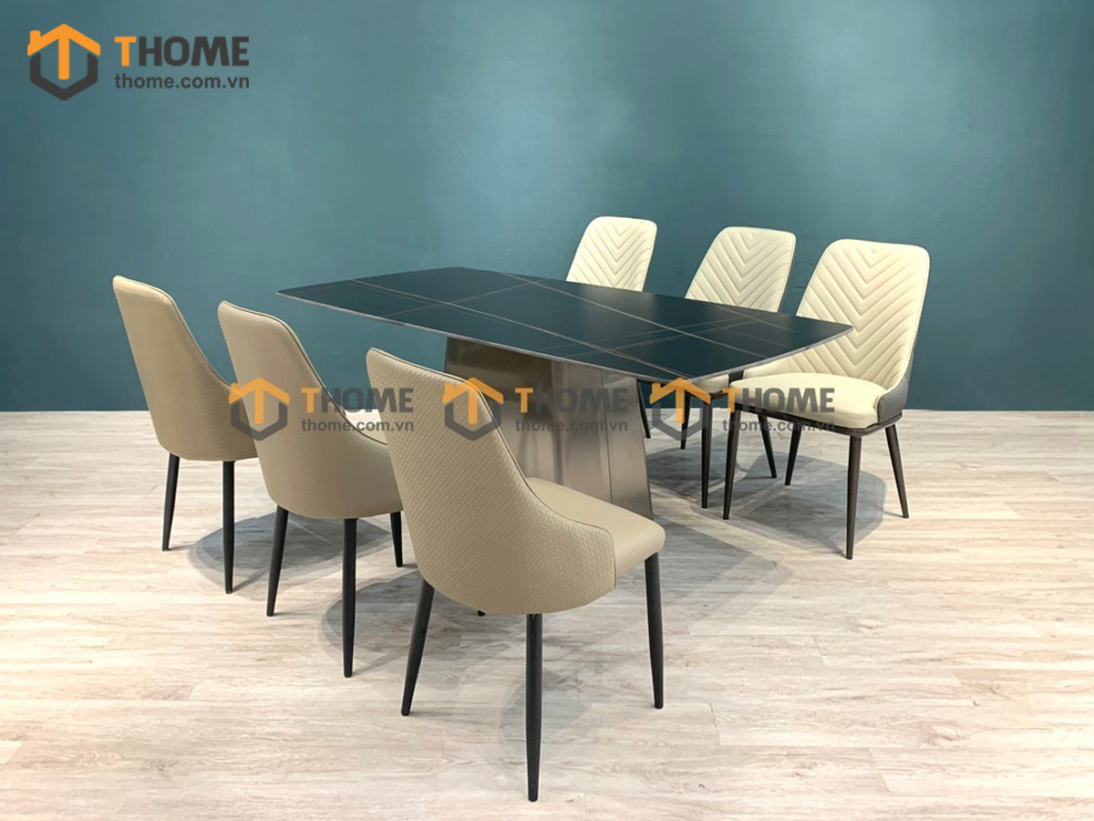 Bàn ăn nhập khẩu mặt đá chân hình thang mạ Titan BA-06NK