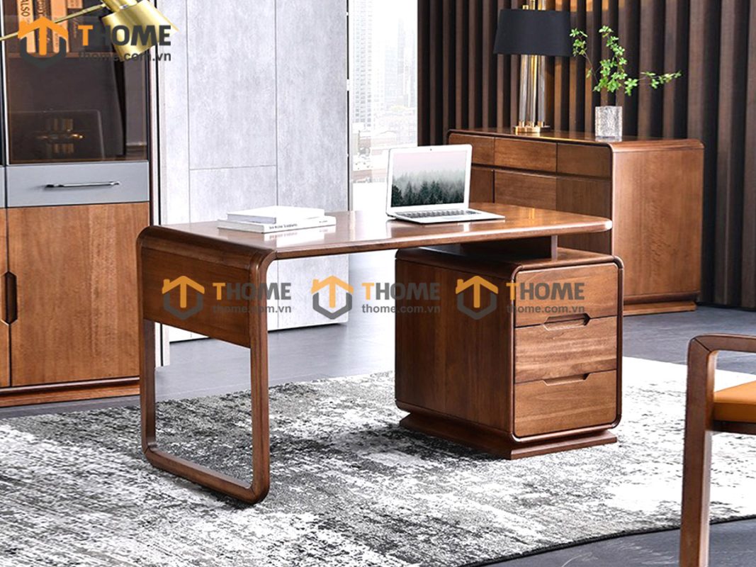 Bàn làm việc gỗ sồi tự nhiên Nova 3 hộc kéo kín chân 1.4m BLV1T-18SN