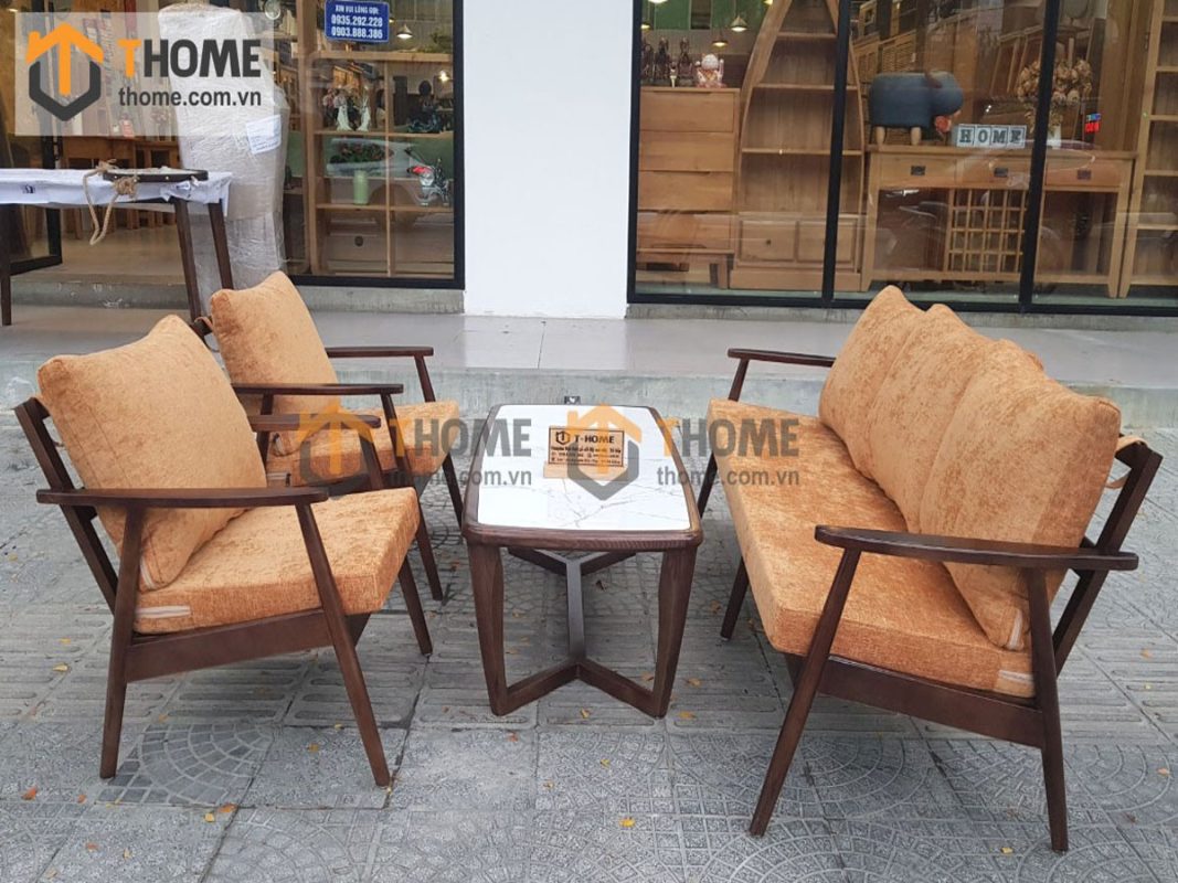 Bàn sofa gỗ sồi tự nhiên mặt đá chân xương cá BSFMĐ-01SN