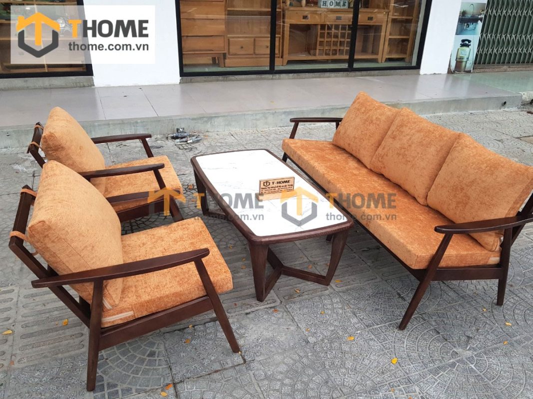 Bàn sofa gỗ sồi tự nhiên mặt đá chân xương cá BSFMĐ-01SN