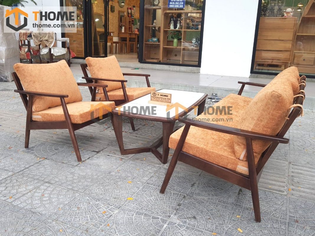Bàn sofa gỗ sồi tự nhiên mặt đá chân xương cá BSFMĐ-01SN