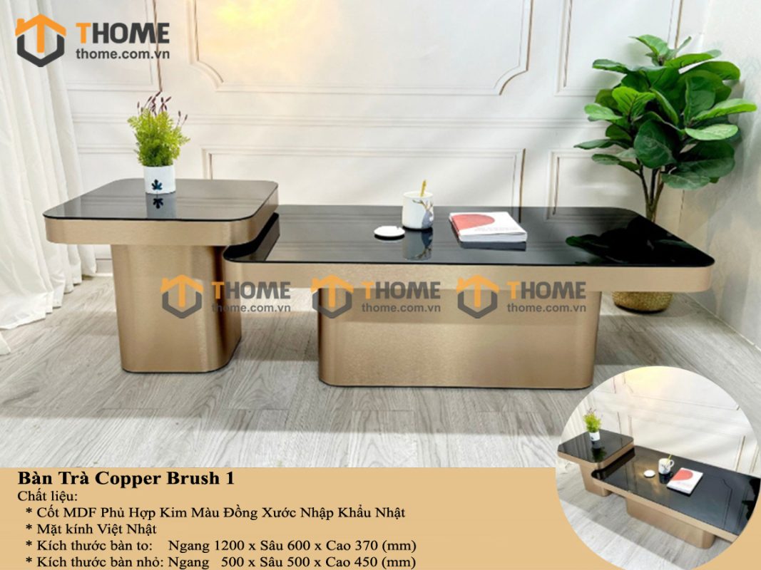 Bàn sofa nhập khẩu inox mạ pvd đồng xước hình chữ nhật BSF-05NK