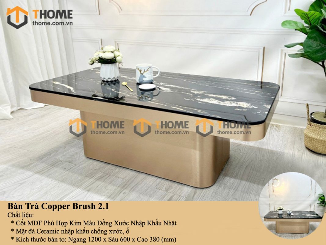 Bàn sofa nhập khẩu inox mạ pvd đồng xước hình chữ nhật BSF-05NK