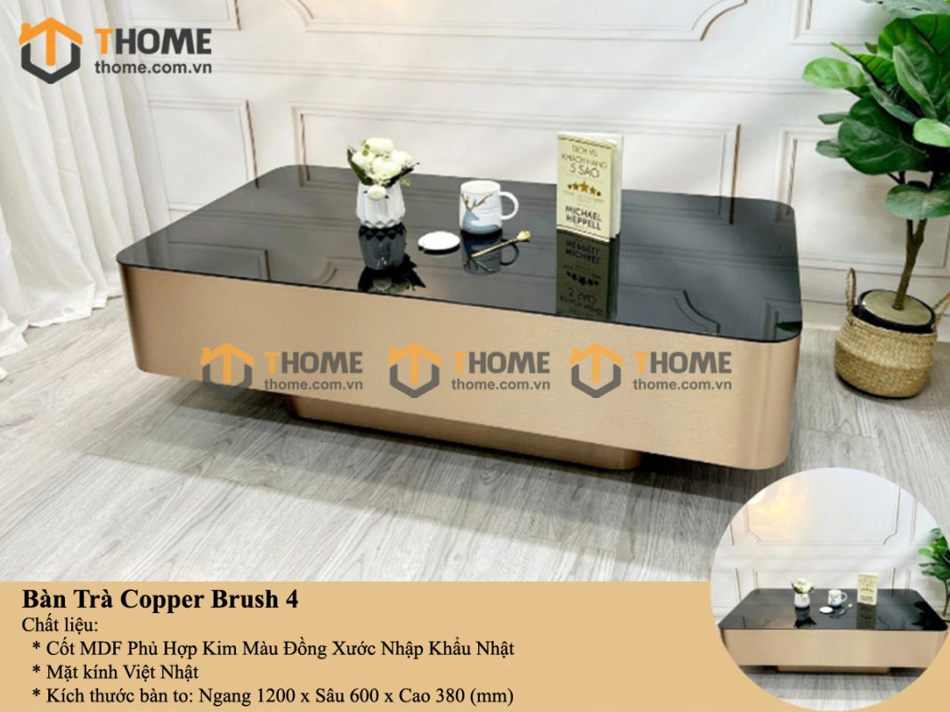 Bàn sofa nhập khẩu inox mạ pvd đồng xước hình chữ nhật BSF-05NK