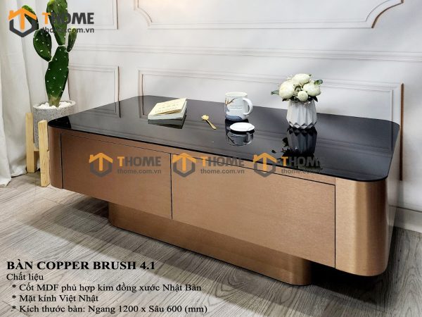 Bàn sofa nhập khẩu inox mạ pvd đồng xước hình chữ nhật BSF-05NK