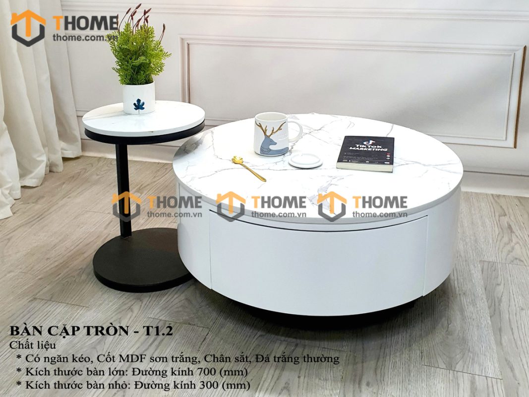 Bàn sofa nhập khẩu gỗ công nghiệp mặt đá hình tròn mẹ bồng con BSF-07NK