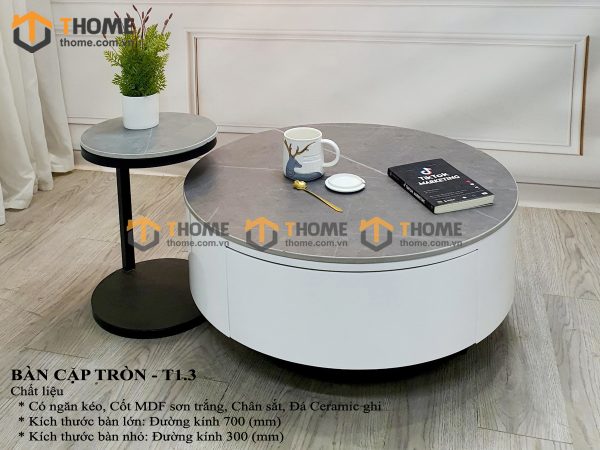 Bàn sofa nhập khẩu gỗ công nghiệp mặt đá hình tròn mẹ bồng con BSF-07NK