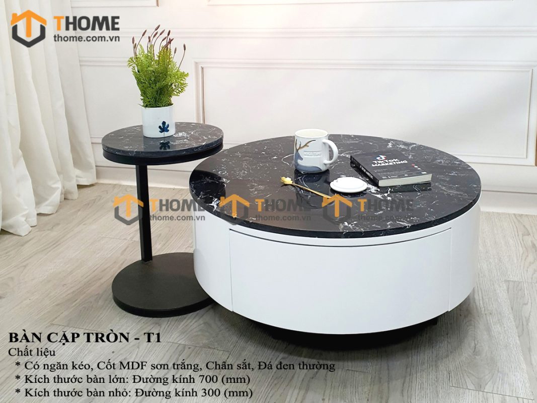 Bàn sofa nhập khẩu gỗ công nghiệp mặt đá hình tròn mẹ bồng con BSF-07NK
